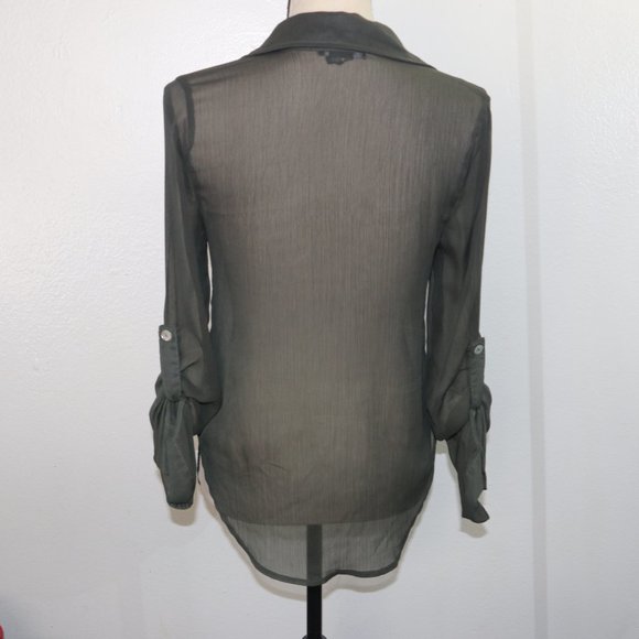 "About a Girl" Sheer Olive Green Button-Down Shirt - Size Small - Picture 3 of 11